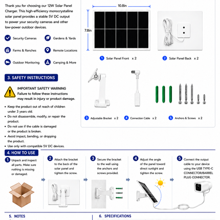 SECUPOE 2-Pack 12W Dual Solar Panel Charger, USB-C 5V with 10ft Cable